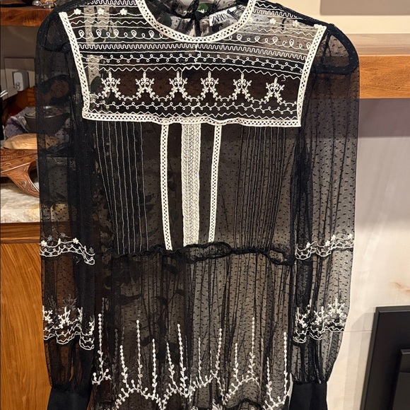 Zara Sheer Black and White Embroidered Dress - Picture 3 of 5
